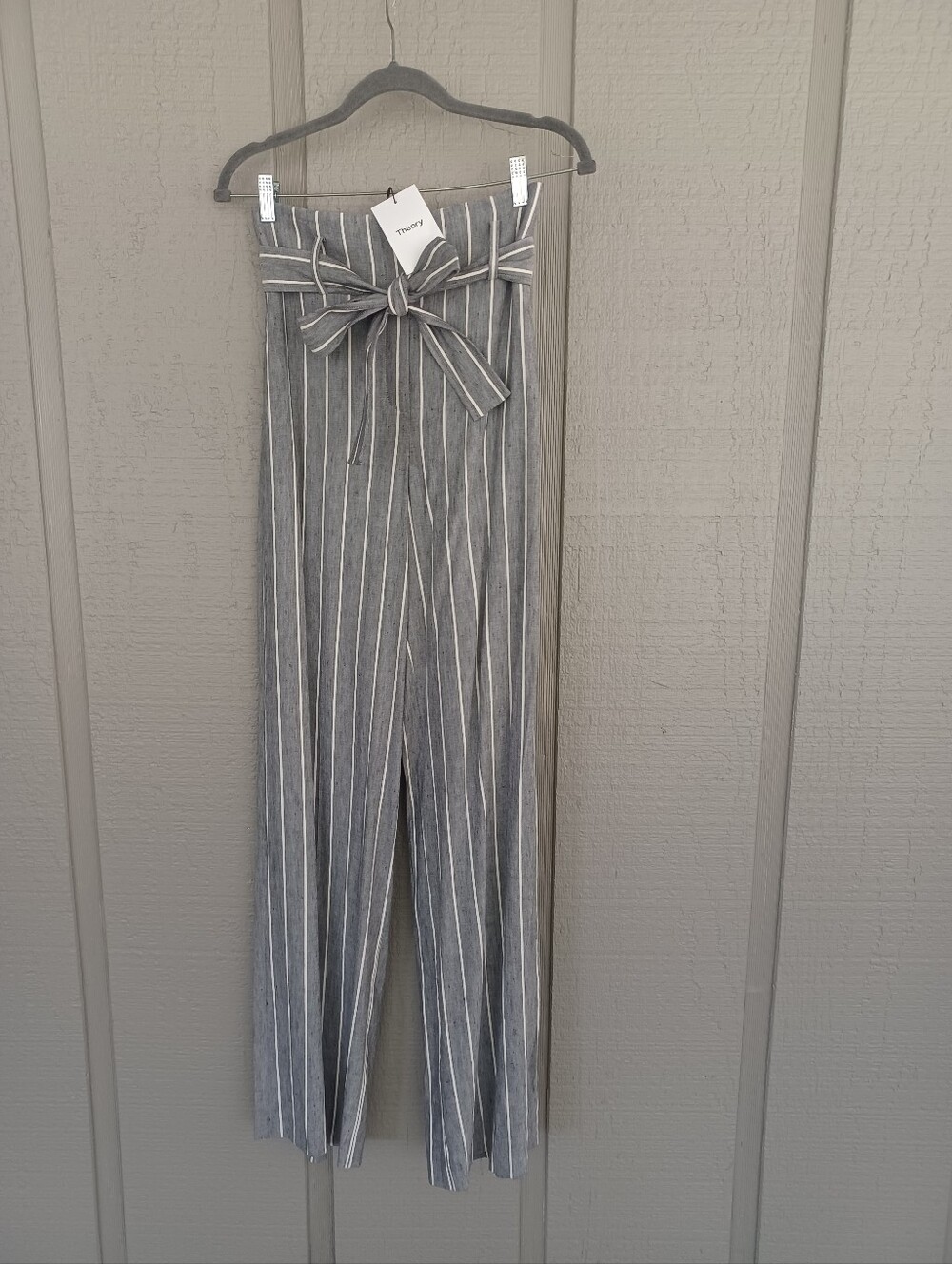 Theory Belt Stripe Wide Leg Pants Size 2 Preppy Indigo Multi Wythe Linen Blend